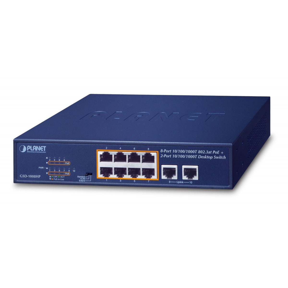 Planet GSD-1008HP - Unmanaged - Gigabit Ethernet (10/100/1000) - Full duplex - Power over Ethernet (PoE) - Rack mounting - 1U