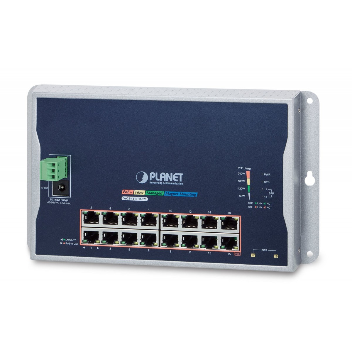 Planet WGS-4215-16P2S - Managed - L2 - Gigabit Ethernet (10/100/1000) - Full duplex - Power over Ethernet (PoE) - Wall mountable