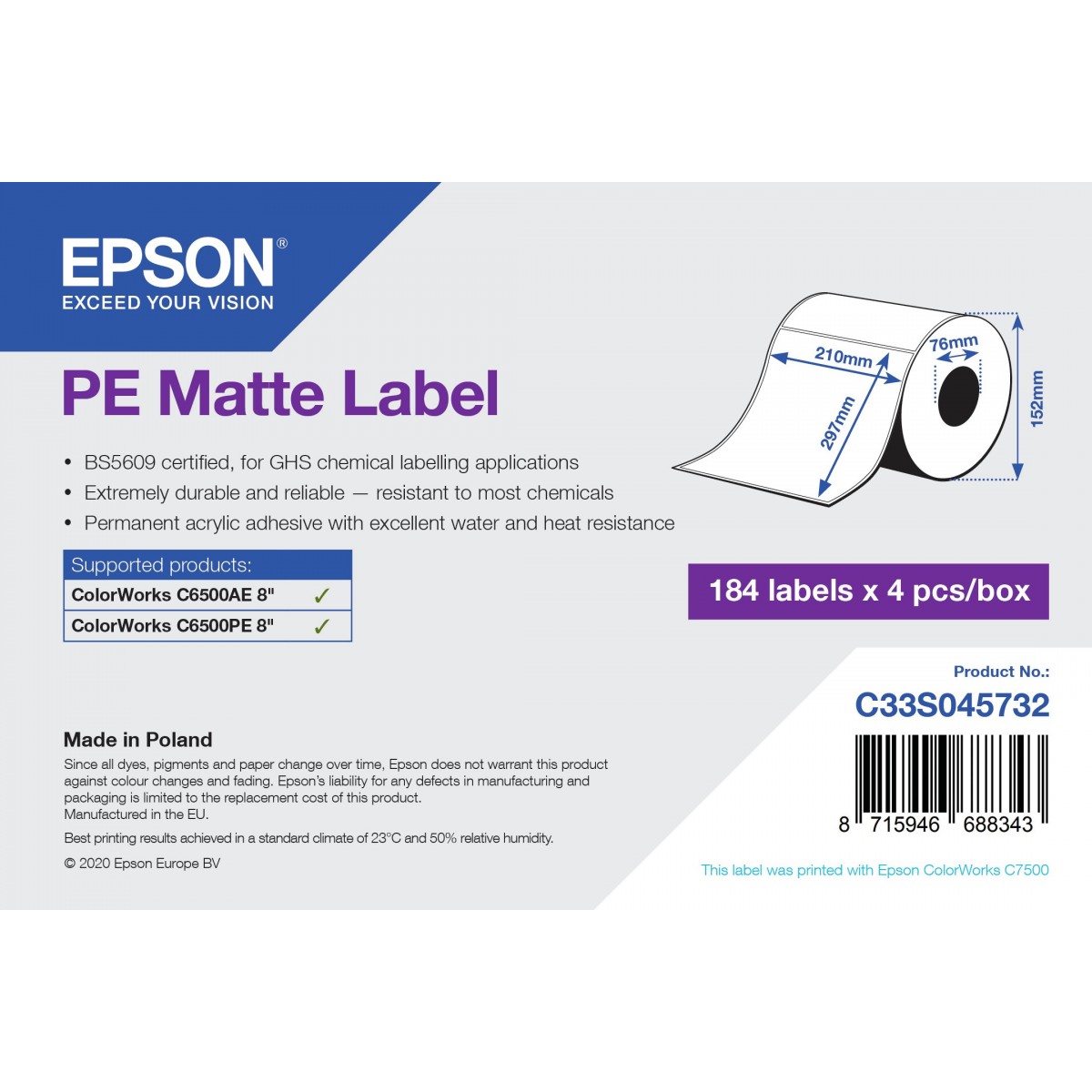 Epson C33S045732 - Self-adhesive printer label - Die-cut label - Inkjet - Acrylic - Permanent - Gloss