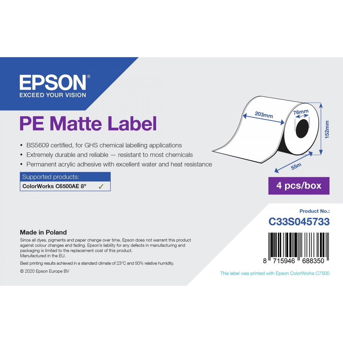 Epson C33S045733 - White - Self-adhesive printer label - Synthetic - Inkjet - Acrylic - Permanent