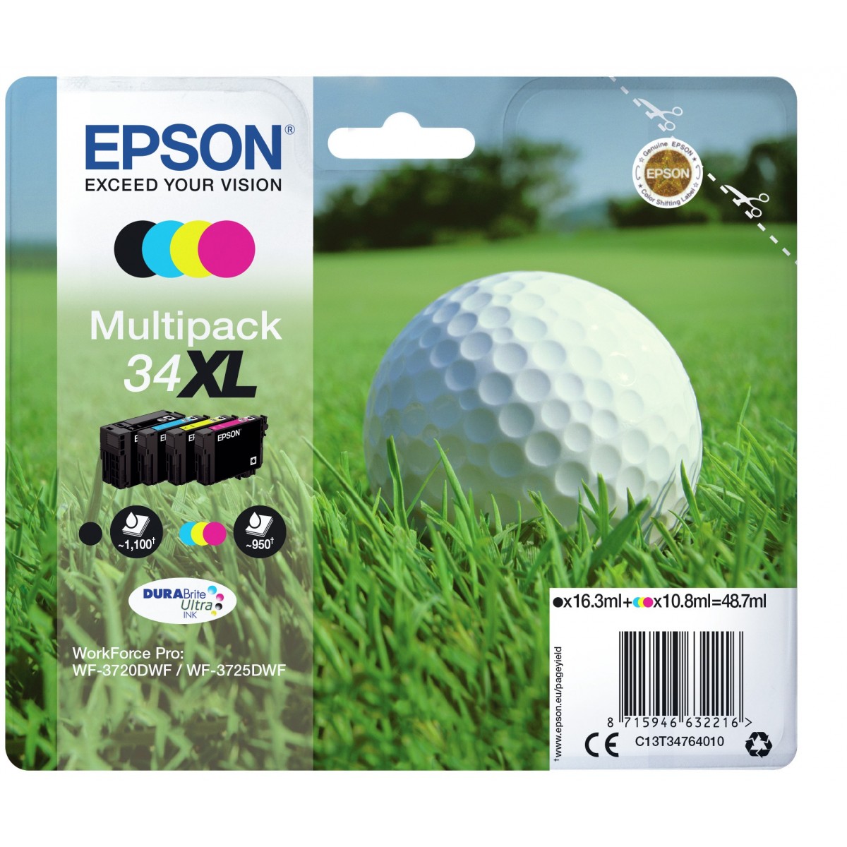 Epson Golf ball Multipack 4-colours 34XL DURABrite Ultra Ink - Original - Pigment-based ink - Black - Cyan - Magenta - Yellow - 