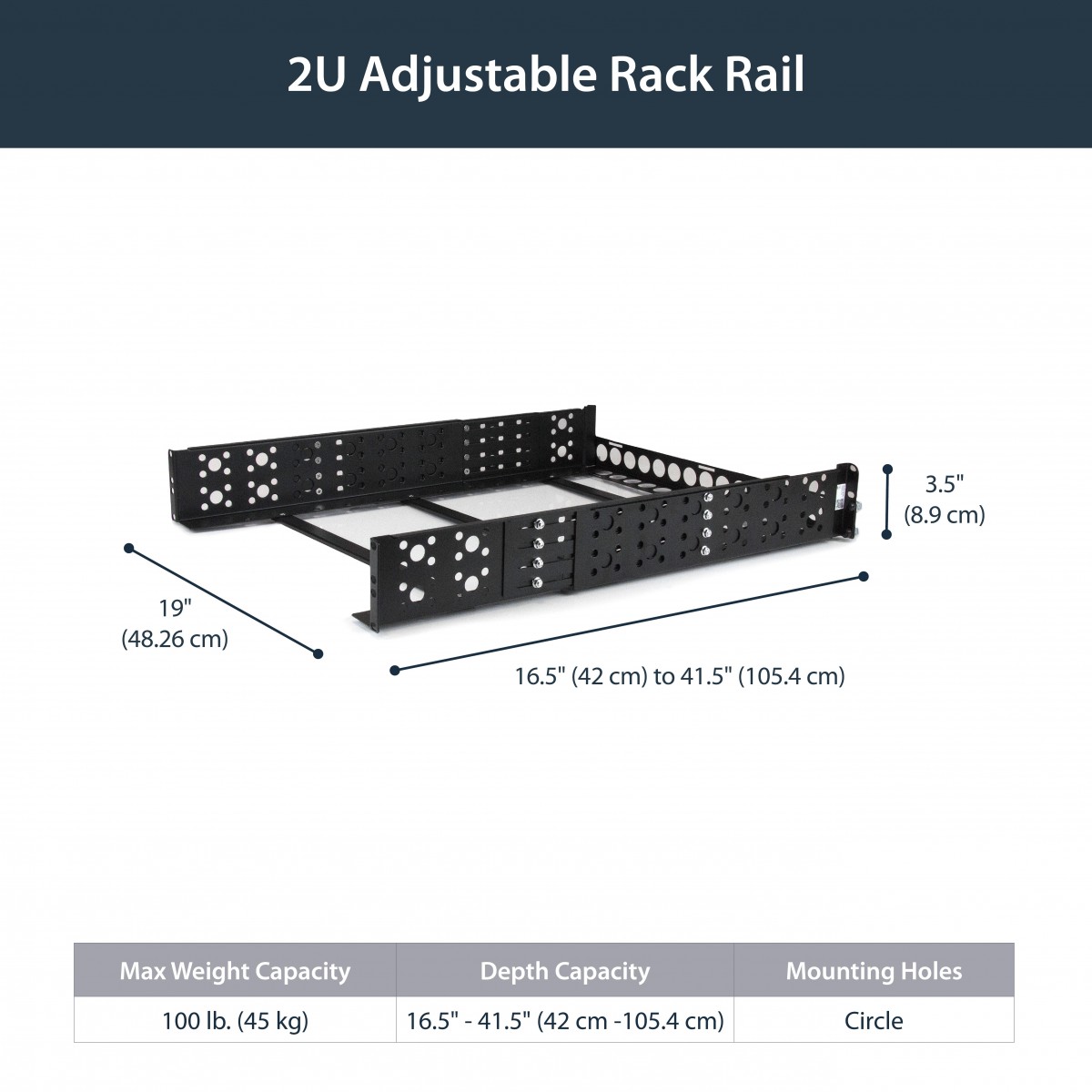 StarTech.com 2U Fixed 19" Adjustable Depth Universal Server Rack Rails - Rack rail - Black - Steel - 45.3 kg - 2U - CE - UL - RE