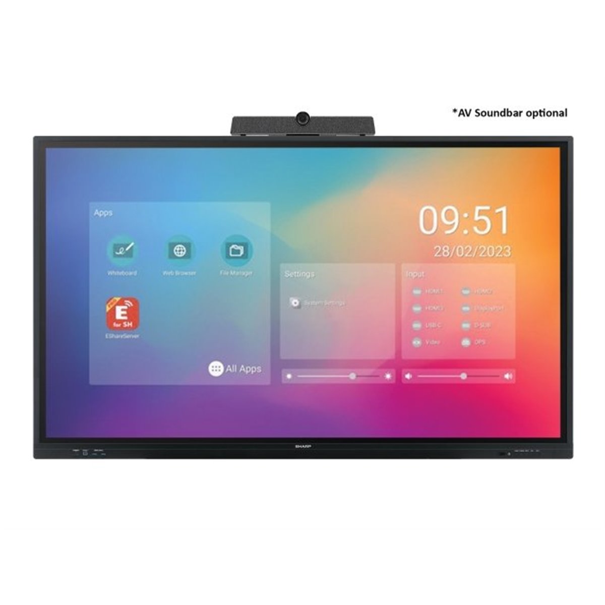 PN-LC862 - 86, interactive display, UHD, 350 cd-m2, Infrared, 20 touch points, OPS Slot, Android SoC, USB-C, HDMI-out.