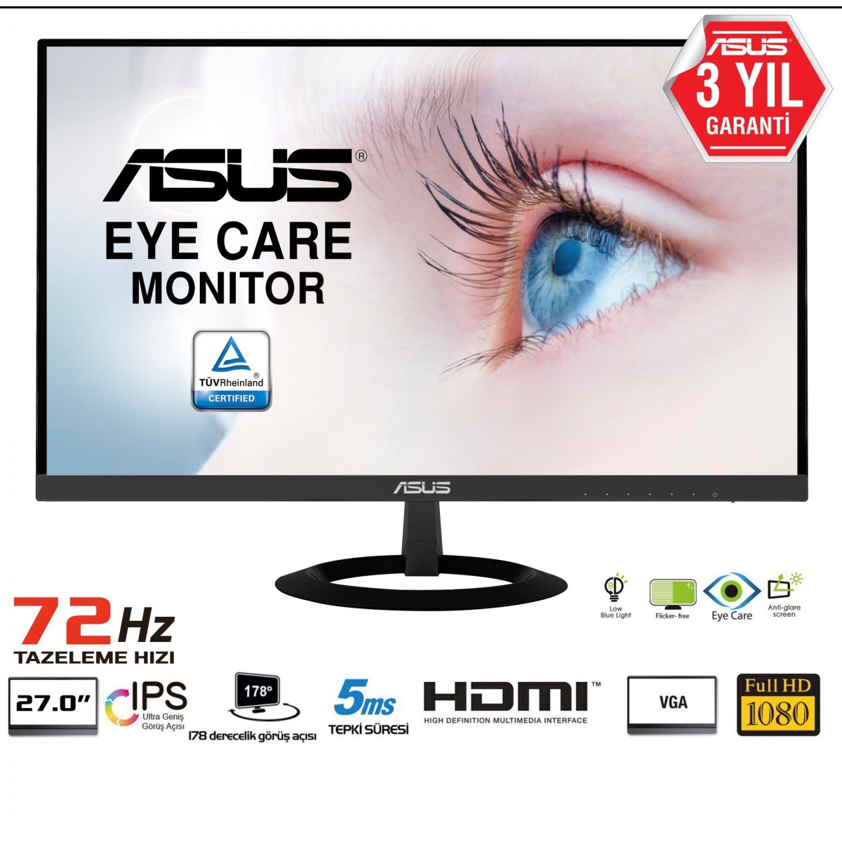 ASUS VZ279HE - 68.6 cm (27) - 1920 x 1080 pixels - Full HD - LCD - 5 ms - Black